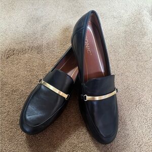 Vionic Black Leather Loafers with Gold Detail